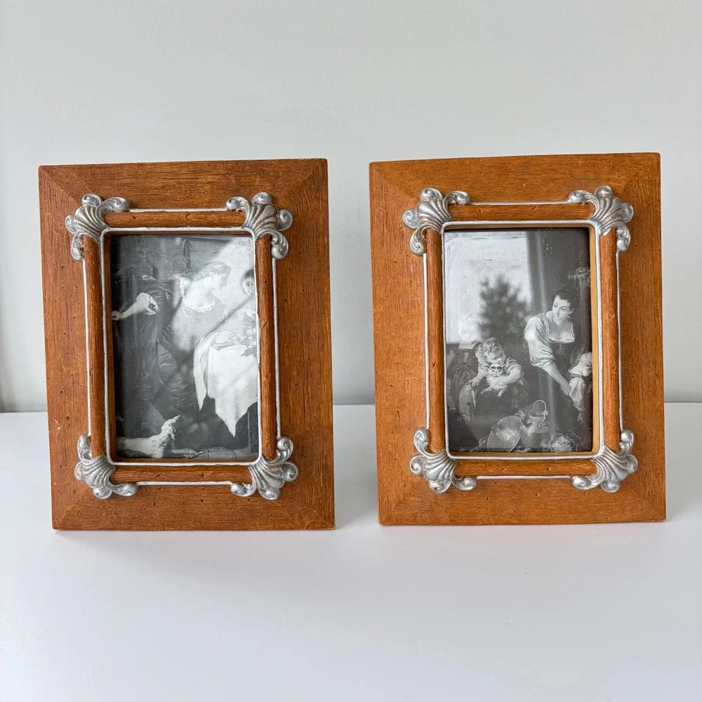 Vintage Ornate Wood Look Resin Picture Frames Silver Scroll Set of 2 Tabletop